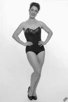 Athena Marie in vintage strapless bra top and high waist pantie girdle worn as hotpants, studio shoot 2023-02-04