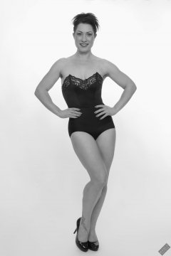 Athena Marie in vintage strapless bra top and high waist pantie girdle worn as hotpants, studio shoot 2023-02-04