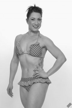 Athena Marie performs her fitness routine, in polka-dot bikini, studio shoot 2023-02-04