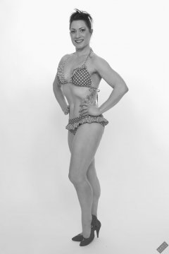 Athena Marie performs her fitness routine, in polka-dot bikini, studio shoot 2023-02-04