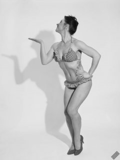 Athena Marie performs her fitness routine, in polka-dot bikini, studio shoot 2023-02-04