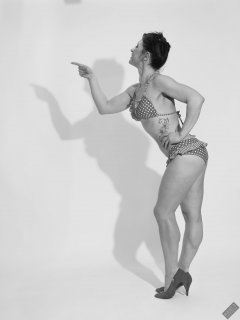 Athena Marie performs her fitness routine, in polka-dot bikini, studio shoot 2023-02-04