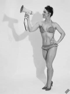 Athena Marie performs her fitness routine, in polka-dot bikini, studio shoot 2023-02-04