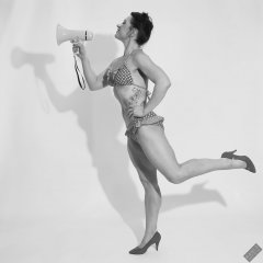 Athena Marie performs her fitness routine, in polka-dot bikini, studio shoot 2023-02-04