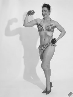 Athena Marie performs her fitness routine, in polka-dot bikini, studio shoot 2023-02-04