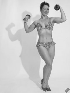 Athena Marie performs her fitness routine, in polka-dot bikini, studio shoot 2023-02-04