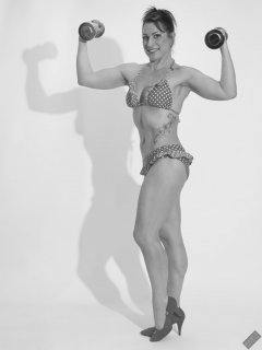 Athena Marie performs her fitness routine, in polka-dot bikini, studio shoot 2023-02-04