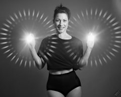 Athena Marie lit by RGB+CCT LED, in knotted T-shirt and vintage black control briefs worn as hotpants, studio shoot 2023-02-04