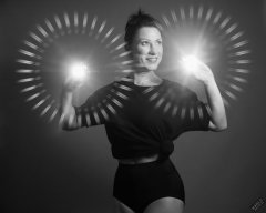 Athena Marie lit by RGB+CCT LED, in knotted T-shirt and vintage black control briefs worn as hotpants, studio shoot 2023-02-04
