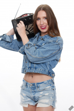 Kaya Lily in her own denim jacket and matching Daisy Duke denim shorts