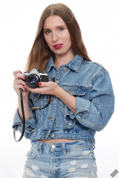 Kaya Lily in her own denim jacket and matching Daisy Duke denim shorts