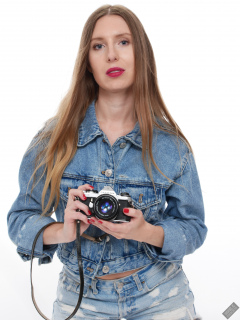 Kaya Lily in her own denim jacket and matching Daisy Duke denim shorts