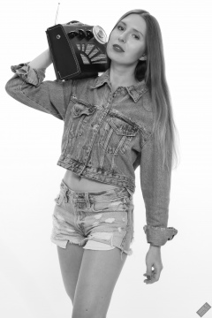 Kaya Lily in her own denim jacket and matching Daisy Duke denim shorts