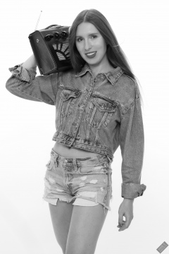 Kaya Lily in her own denim jacket and matching Daisy Duke denim shorts