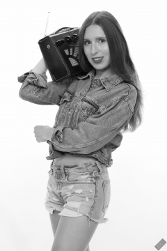 Kaya Lily in her own denim jacket and matching Daisy Duke denim shorts