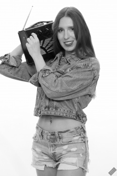 Kaya Lily in her own denim jacket and matching Daisy Duke denim shorts