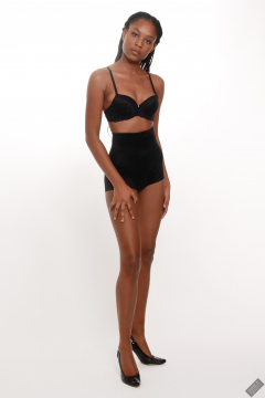 Caleann models black bra top and black waist trainer control briefs, worn as hotpants trainer control briefs, worn as hotpants