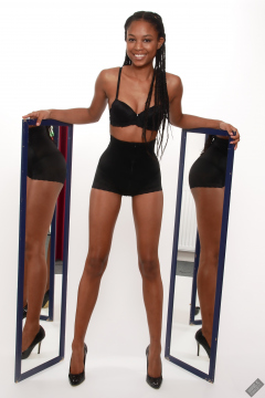 Caleann models black bra top and black waist Caleann double mirror shot, as she models black bra-top and black waist-trainer control-briefs, worn as hotpants