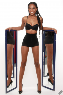 Caleann models black bra top and black waist Caleann double mirror shot, as she models black bra-top and black waist-trainer control-briefs, worn as hotpants