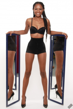 Caleann models black bra top and black waist Caleann double mirror shot, as she models black bra-top and black waist-trainer control-briefs, worn as hotpants
