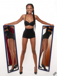 Caleann models black bra top and black waist Caleann double mirror shot, as she models black bra-top and black waist-trainer control-briefs, worn as hotpants