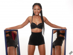 Caleann models black bra top and black waist Caleann double mirror shot, as she models black bra-top and black waist-trainer control-briefs, worn as hotpants