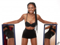 Caleann models black bra top and black waist Caleann double mirror shot, as she models black bra-top and black waist-trainer control-briefs, worn as hotpants
