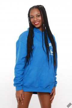 Caleann in her own blue sweatshirt, worn over red bikini