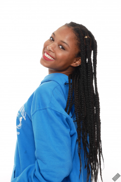 Caleann in her own blue sweatshirt, worn over red bikini