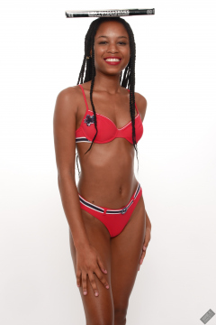 Caleann models simple red sixties-style belted bikini