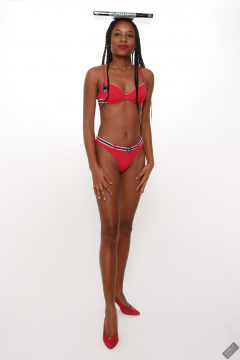Caleann models simple red sixties-style belted bikini