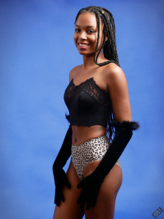 Caleann in black boob tube and aninal-pring bikini briefs