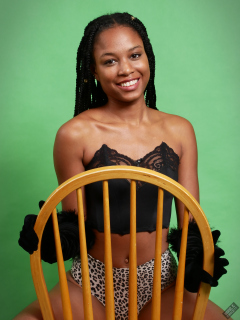 Caleann in black boob tube and aninal-pring bikini briefs