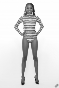 Caleann in her own blue and white long-sleeved swimsuit
