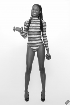 Caleann in her own blue and white long-sleeved swimsuit