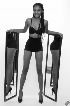 Caleann models black bra top and black waist Caleann double mirror shot, as she models black bra-top and black waist-trainer control-briefs, worn as hotpants