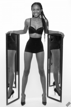 Caleann models black bra top and black waist Caleann double mirror shot, as she models black bra-top and black waist-trainer control-briefs, worn as hotpants