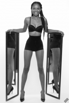 Caleann models black bra top and black waist Caleann double mirror shot, as she models black bra-top and black waist-trainer control-briefs, worn as hotpants