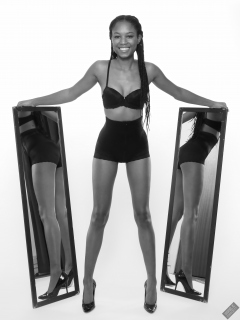 Caleann models black bra top and black waist Caleann double mirror shot, as she models black bra-top and black waist-trainer control-briefs, worn as hotpants