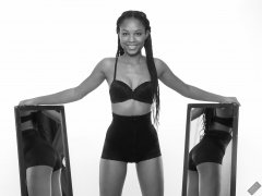 Caleann models black bra top and black waist Caleann double mirror shot, as she models black bra-top and black waist-trainer control-briefs, worn as hotpants