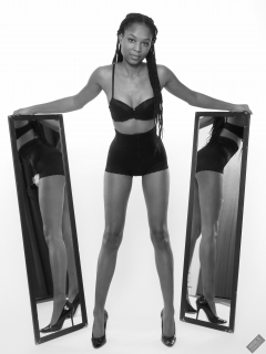 Caleann models black bra top and black waist Caleann double mirror shot, as she models black bra-top and black waist-trainer control-briefs, worn as hotpants