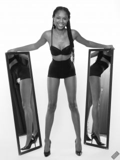 Caleann models black bra top and black waist Caleann double mirror shot, as she models black bra-top and black waist-trainer control-briefs, worn as hotpants