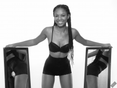 Caleann models black bra top and black waist Caleann double mirror shot, as she models black bra-top and black waist-trainer control-briefs, worn as hotpants