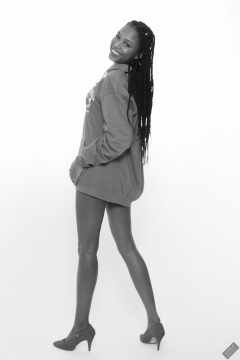 Caleann in her own blue sweatshirt, worn over red bikini