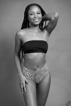 Caleann in black boob tube and aninal-pring bikini briefs