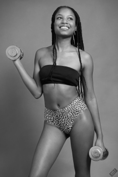 Caleann in black boob tube and aninal-pring bikini briefs