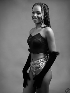 Caleann in black boob tube and aninal-pring bikini briefs