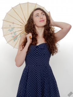 2024-04-07 Estella Rose - modelling her own retro blue polka dot dress