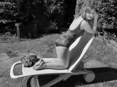 Harriet in golden retro  "Half Moon" tummy control swimsuit