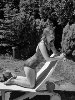 Harriet in golden retro  "Half Moon" tummy control swimsuit
